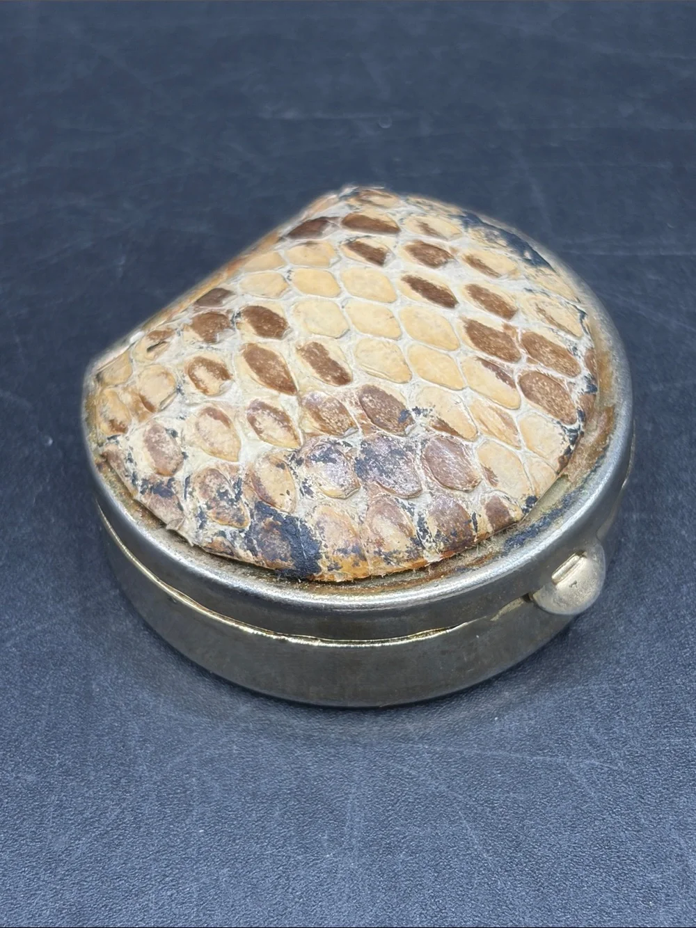 Vintage Snakeskin Reptile Skin Pillbox Trinket Keepsake Storage Box Collectible